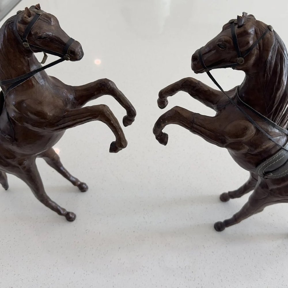 Set of TWO Vintage Leather Coated Horse Jumping Figurines 16 inches tall